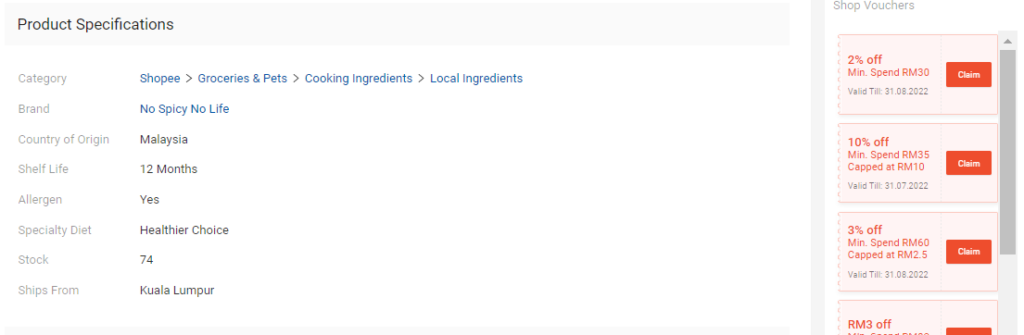Product description page in Shopee
