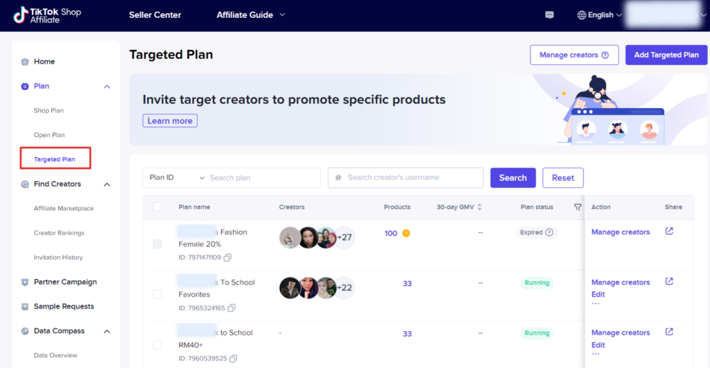 Targeted plan - TikTok Affiliate Program